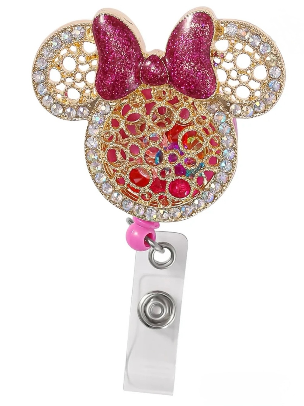 ❤️ NWT Minnie Micky Mouse Style Badge Reel Pink Glitter Bow Office Accessories
